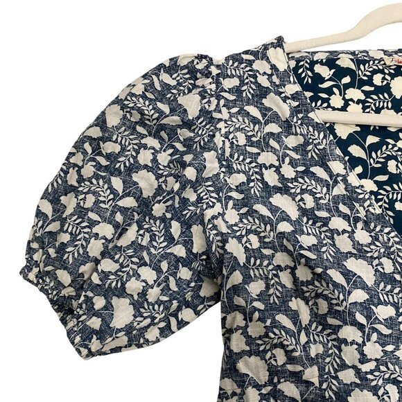 FAHERTY Havana Prairie puff sleeve Linen midi Dress size M Indigo Echo Floral - Picture 7 of 13